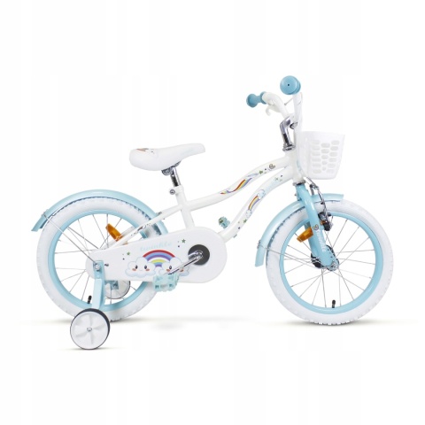 SIROX Rainbow 16 2024 dětské dívčí kolo s košíkem a pomocnými kolečky bílo-modré