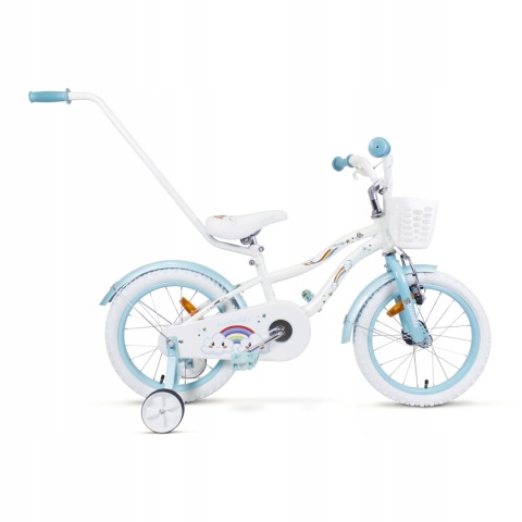 SIROX Rainbow 16 2024 dětské dívčí kolo s košíkem a pomocnými kolečky bílo-modré