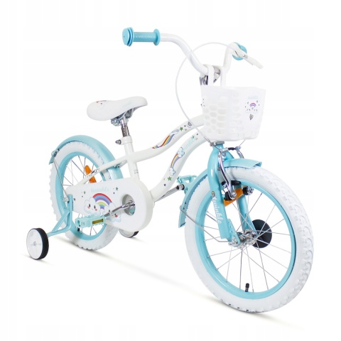 SIROX Rainbow 16 2024 dětské dívčí kolo s košíkem a pomocnými kolečky bílo-modré