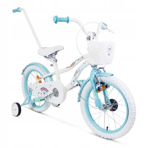 SIROX Rainbow 16 2024 dětské dívčí kolo s košíkem a pomocnými kolečky bílo-modré